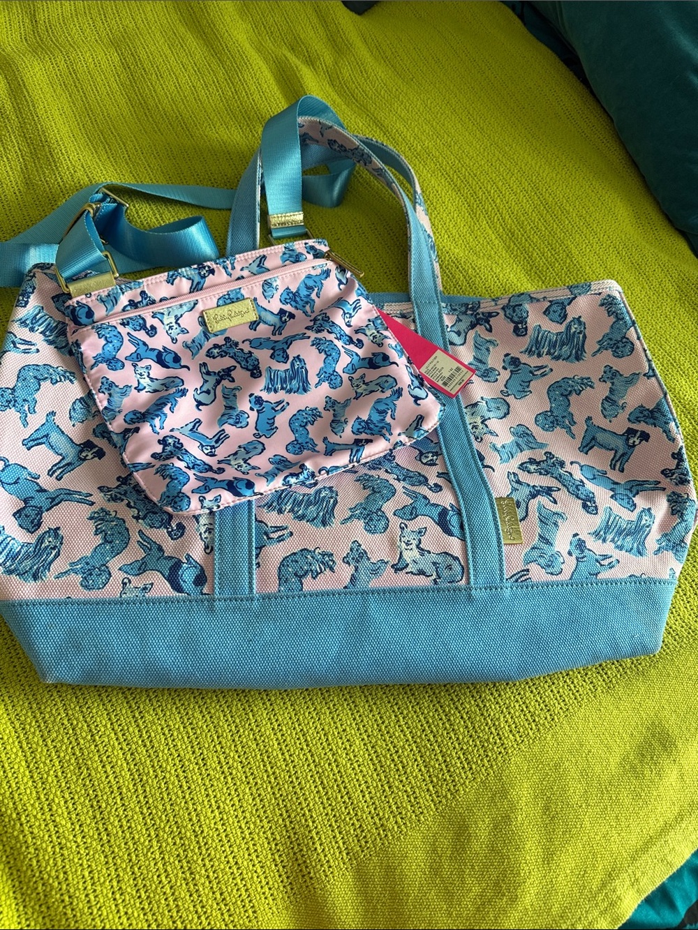 Lilly Pulitzer Pink and Blue Dog Print Tote Ruff Night with Matching Crossbody